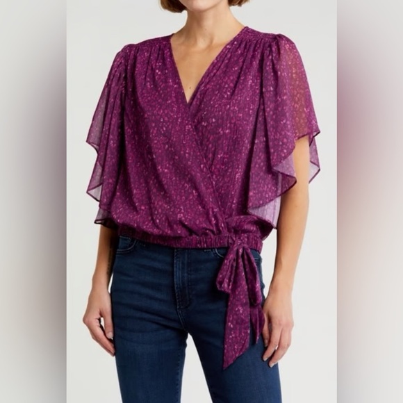 Ramy Brook Flutter Sleeve Kitty Blouse in Raspberry- Size Small - Picture 3 of 11